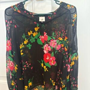 CAbi Black Sheer Top with Pink and Yellow Floral Design